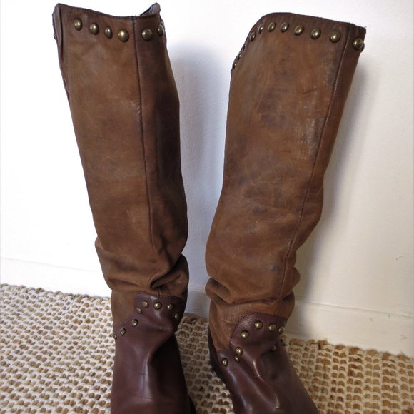 Tall Western Slouchy Leather Boots Sz 7.5  Studded Brown - Picture 3 of 9